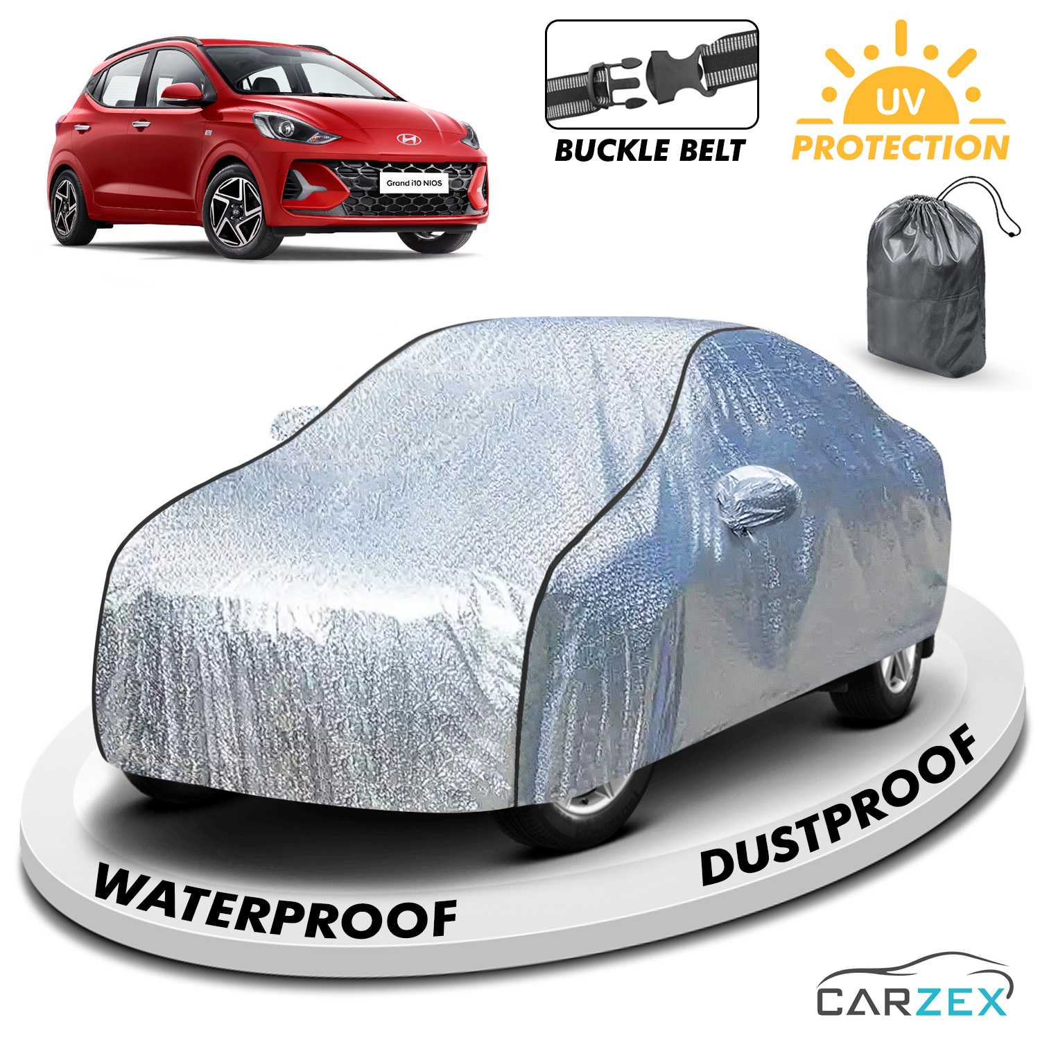 Carzex Waterproof & Heat Resistant Metallic Silver With Black Border Car Body Cover with Mirror Pockets For Hyundai I10 Nios